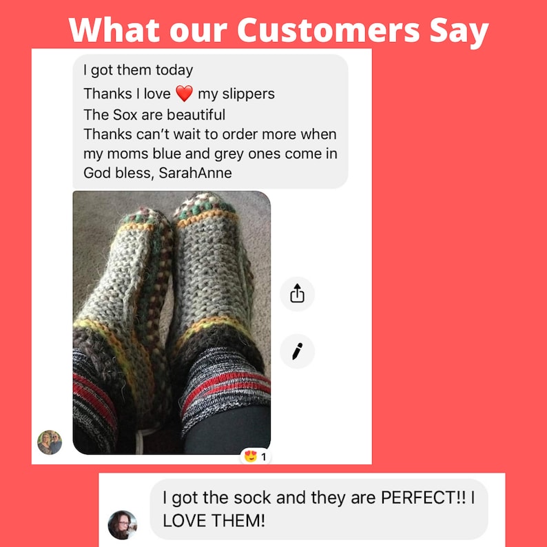 May include: Two pairs of crocheted slippers, one pair is grey with yellow and red stripes, the other pair is grey with green and brown stripes. The slippers are worn by a person and the image includes a customer review that says "I got them today Thanks I love my slippers The Sox are beautiful Thanks can't wait to order more when my moms blue and grey ones come in God bless, SarahAnne" and "I got the sock and they are PERFECT!! I LOVE THEM!"
