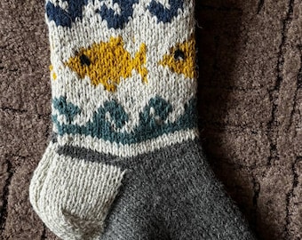 Hand Knit 100% Sheep Wool Socks, Goldfish Design, Warm Bed Socks