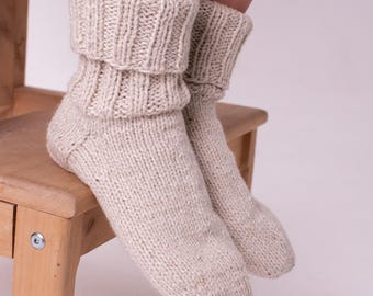 Hand Knitted Wool Socks, Simple White Design, Warm Winter Socks, Gift idea,