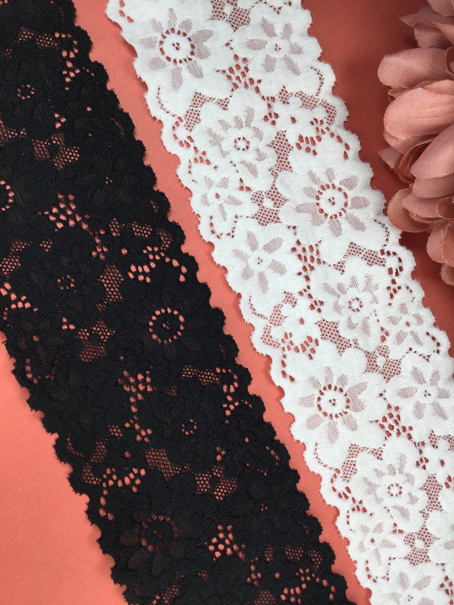 Black or White Floral Stretch Lace Trim by the Yard Etsy