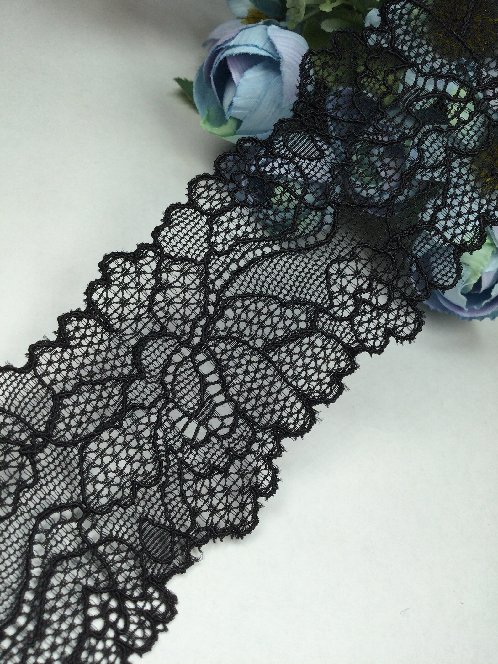 Black stretch mesh lace trim by the yard Etsy