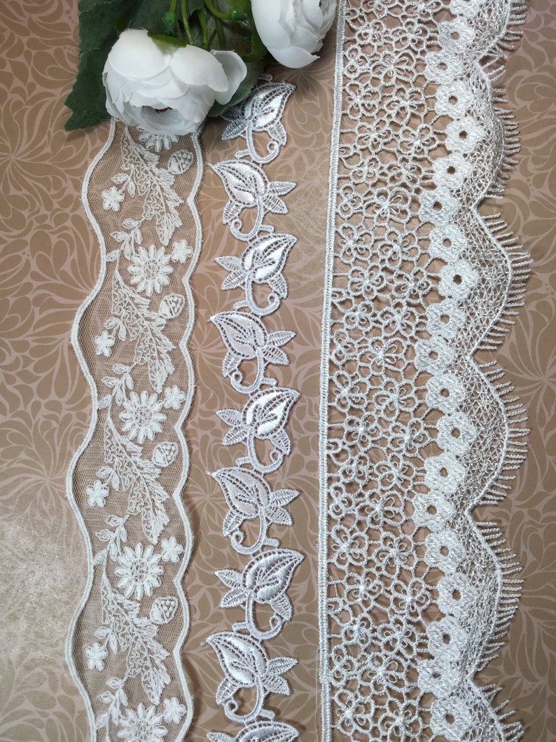 Embroidered non-stretch lace trim in 3 styles by the yard