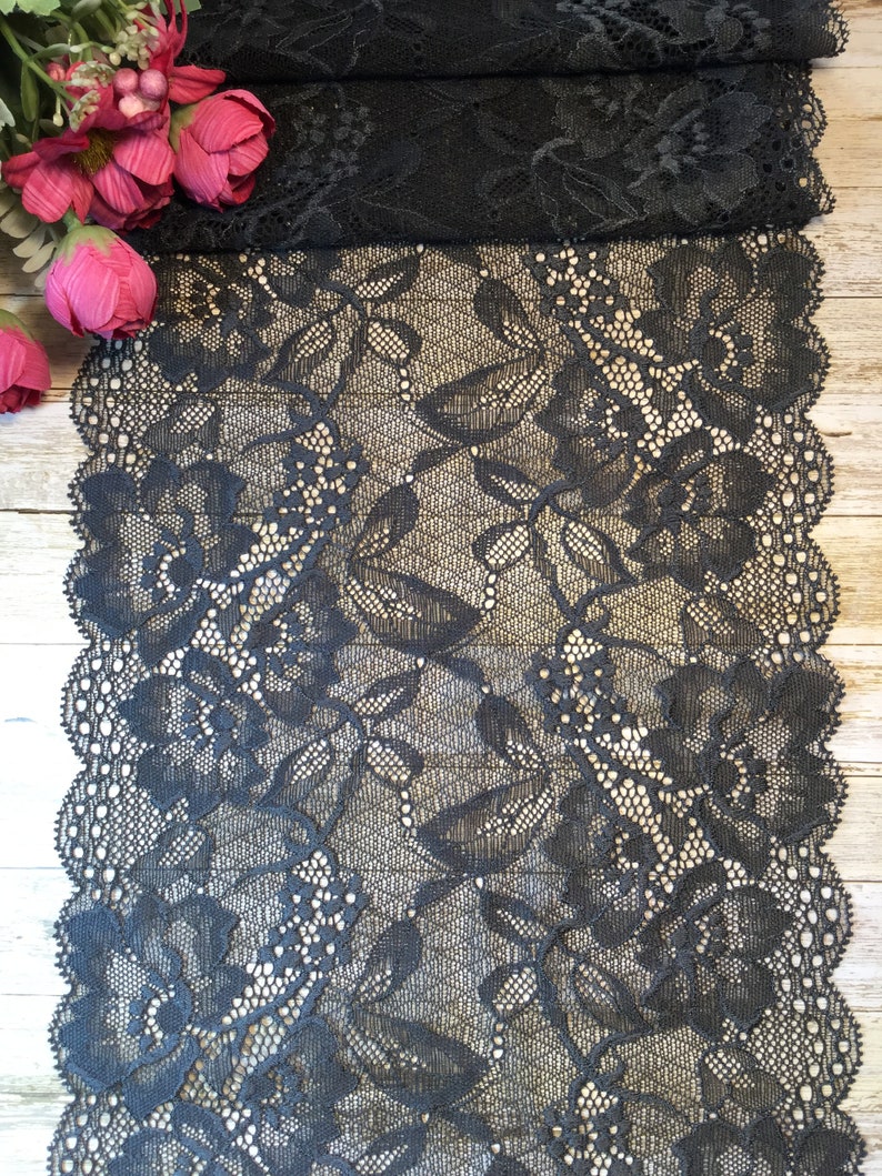 Dark Grey Floral Stretch Lace Trim by the Yard | Etsy