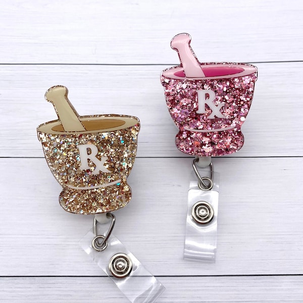 Pharmacy Badge Reel, Mortar and Pestle ID holder, Pharmacy Tech Badge Reel, Rx badge reel