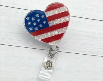 American Flag Heart Badge Reel,  Nurse Badge Reel, Nurse Gift
