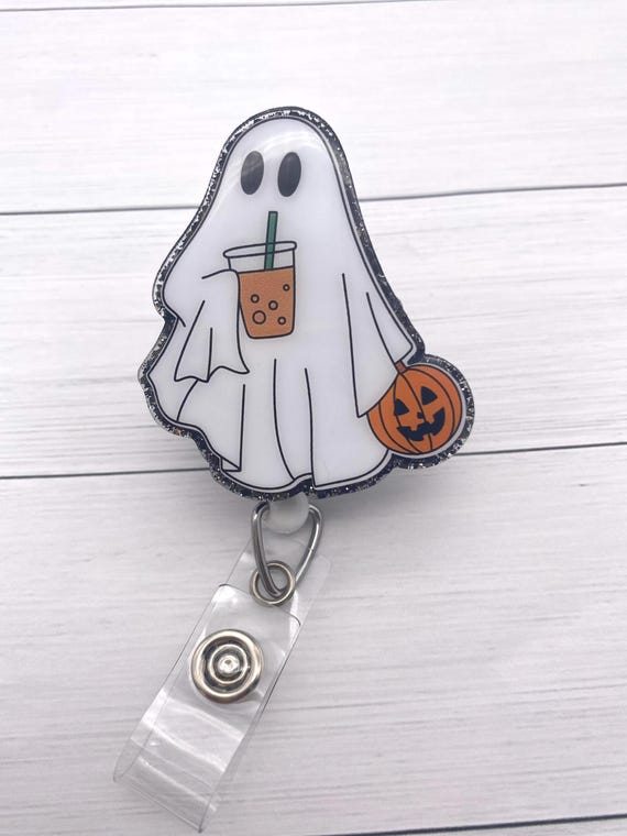 Iced Coffee Ghost badge reel, Halloween Badge reel, ghost badge reel, fall badge reel, Cute badge reel, spooky badge reel, nurse