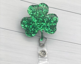 St. Patrick's Day Clover Badge Reel, Shamrock ID card holder, March Badge Holder, Dark Green glitter clover badge clip, Cute Badge Reel