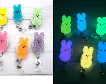 Marshmallow Peep Badge Reel, Glow in the Dark, Easter badge reel, Spring badge reel