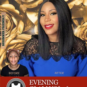 Puede incluir: Imagen de transformaci&oacute;n de maquillaje con comparaci&oacute;n de antes y despu&eacute;s. La foto del "despu&eacute;s" muestra a una mujer con cabello oscuro, l&aacute;piz labial rojo y una blusa azul con encaje negro. El texto incluye "Evening Glam Vol. 1" y "Customizable Makeup Notes".