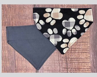 Plaid Gray and Beige Paw Print with Over the Collar Reversible Pet Scarf