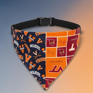 May include: A split-design pet bandana featuring a black collar with a plastic buckle. The left side is navy blue with orange Virginia Wahoos logos and text. The right side is a grid of orange and maroon squares with Virginia Tech logos and text.