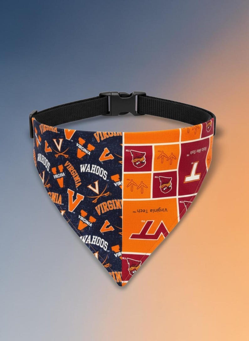 May include: A split-design pet bandana featuring a black collar with a plastic buckle. The left side is navy blue with orange Virginia Wahoos logos and text. The right side is a grid of orange and maroon squares with Virginia Tech logos and text.