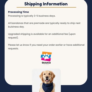a golden retriever wearing a blue bandana, with a shipping information section below it.