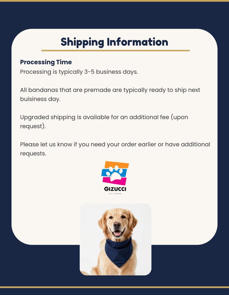 a golden retriever wearing a blue bandana, with a shipping information section below it.