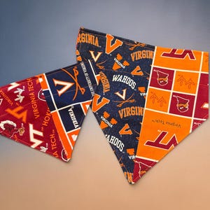 May include: Two triangular pet bandanas featuring collegiate prints. The left bandana is maroon with Virginia Tech logos and text. The right bandana is navy blue with Virginia logos and text, and orange with Virginia Tech grid patterns.