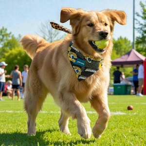 A golden retriever dog wearing a black and yellow bandana with the word "Jaguars" is running on a grassy field, carrying a tennis ball in its mouth.
