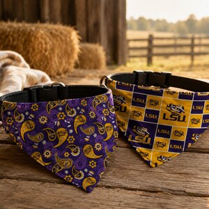 Bandana LSU Tigers Over The Collar - Handmade Reversible Cotton Pet Scarf - Secure Fit, Comfortable, Durable