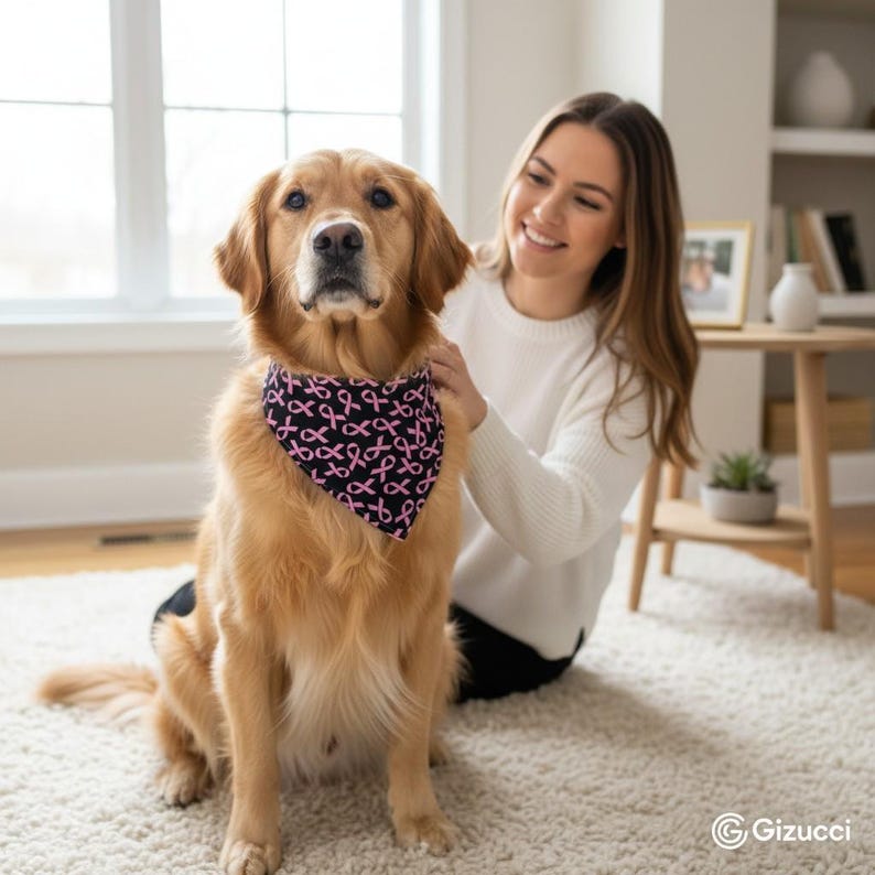 A woman in a white sweater is sitting on the floor with a golden retriever dog wearing a pink ribbon bandana.