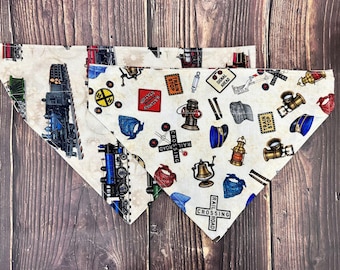Dog Scarfs Pet Bandana: Reversible Train Print, Over-Collar Design | Handmade Cotton, Secure Fit | Multi-Size Options