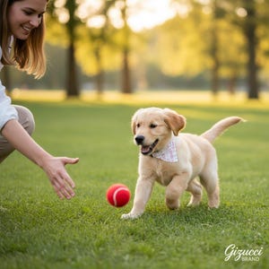 A young woman crouches down to play with a small golden retriever puppy in a grassy park, reaching out to throw a red ball for the puppy to chase.