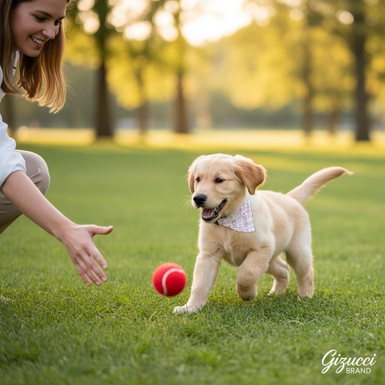 A young woman crouches down to play with a small golden retriever puppy in a grassy park, reaching out to throw a red ball for the puppy to chase.