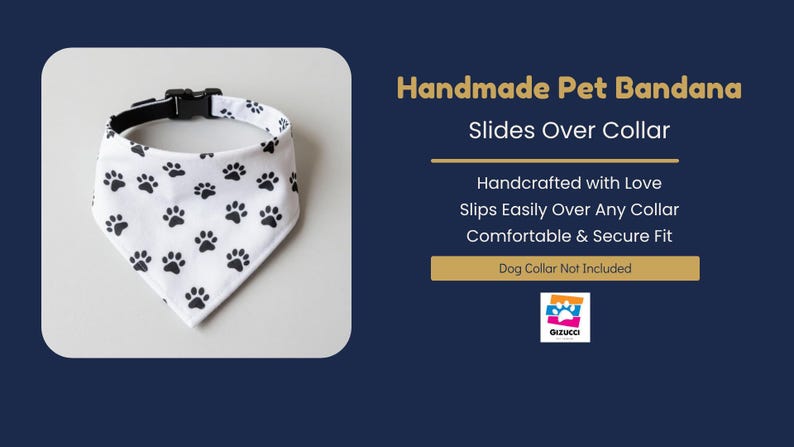 a handmade pet bandana with a white background and black paw prints. The bandana has a black collar and is described as a "Slides Over Collar" designed for dogs.