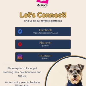 a dog wearing a blue bandana and is accompanied by text promoting a pet bandana and social media sharing.