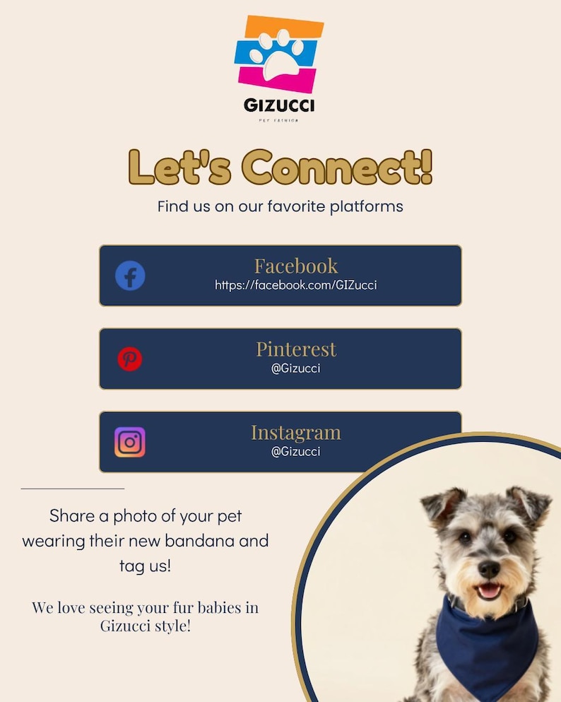 a dog wearing a blue bandana and is accompanied by text promoting a pet bandana and social media sharing.