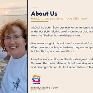 The image is a collage featuring two women and a small dog, with a text overlay providing information about the company Giuggioc.