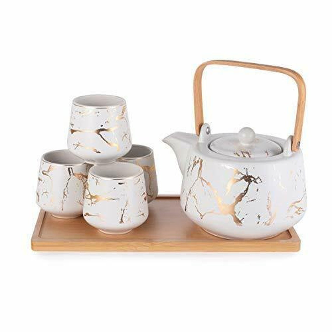 Marble Design Porcelain Tea Set 42oz White Etsy