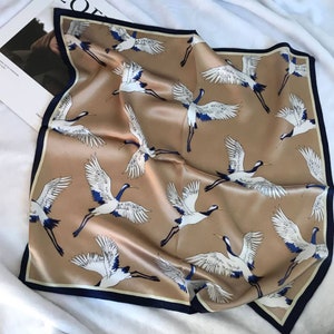 100% Pure Silk Crane Design Scarf, Chic & Elegant Silk Square Scarf, Silk Bandana, Gift for Her