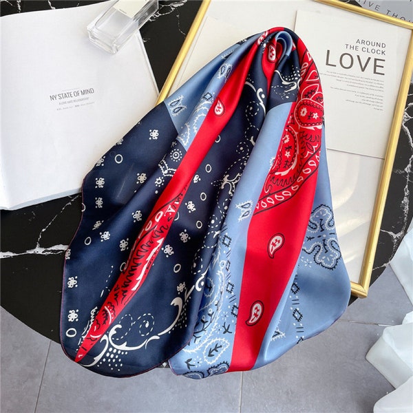 Foulard Paisley bloc soyeux, bandana carré unisexe en fausse soie inspiré du drapeau américain