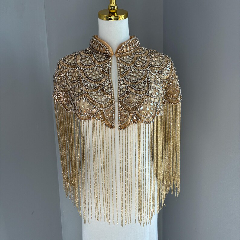 Gold Beaded Fringe Cape, Handmade Bridal Statement Shoulder Jewelry, Art Deco Evening Wrap image 5