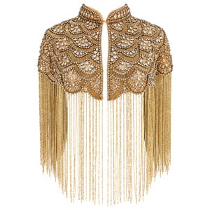 Gold Beaded Fringe Cape, Handmade Bridal Statement Shoulder Jewelry, Art Deco Evening Wrap image 2