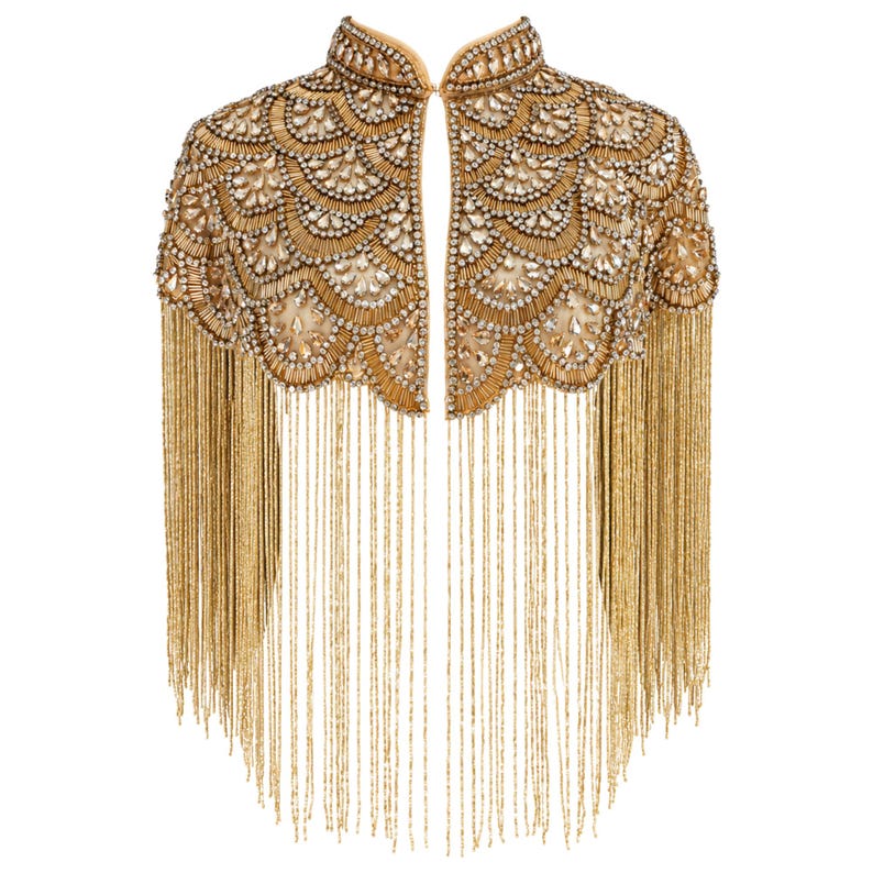 Gold Beaded Fringe Cape, Handmade Bridal Statement Shoulder Jewelry, Art Deco Evening Wrap image 2