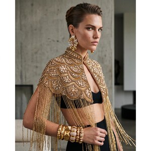 Gold Beaded Fringe Cape, Handmade Bridal Statement Shoulder Jewelry, Art Deco Evening Wrap image 7