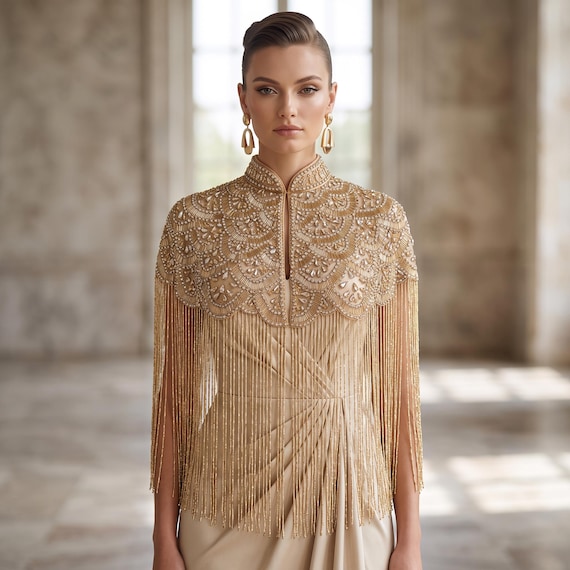 Gold Rhinestone Beaded Fringe Cape, Handmade Bridal Capelet, Art Deco Statement Shoulder Jewelry, Wedding Evening Wrap