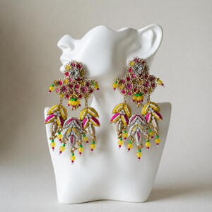 Hand Embroidered Statement Earrings, 5 Inch Floral Beaded Drops, Oversized Boho Luxe (Gift Boxed)