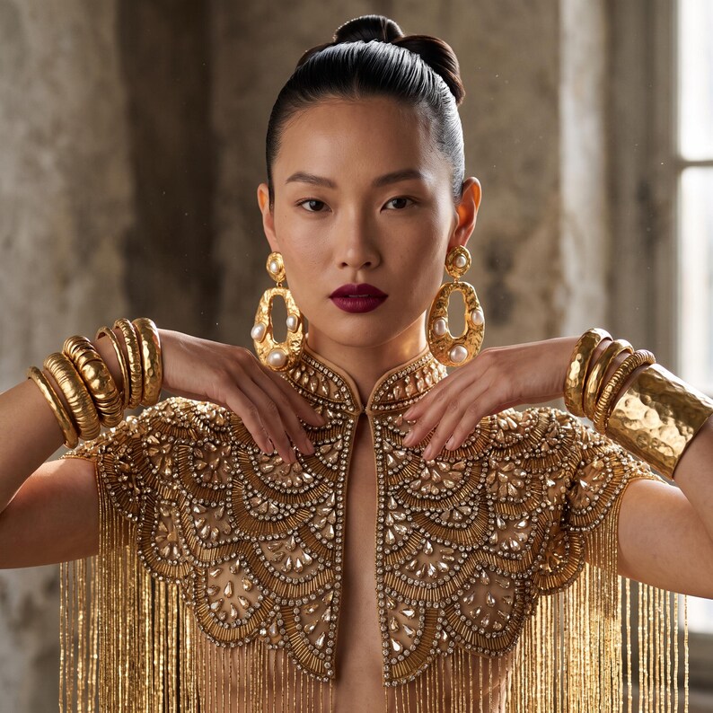 Gold Beaded Fringe Cape, Handmade Bridal Statement Shoulder Jewelry, Art Deco Evening Wrap image 4