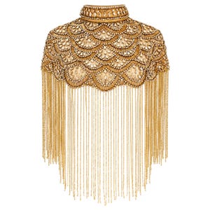 Gold Beaded Fringe Cape, Handmade Bridal Statement Shoulder Jewelry, Art Deco Evening Wrap image 3