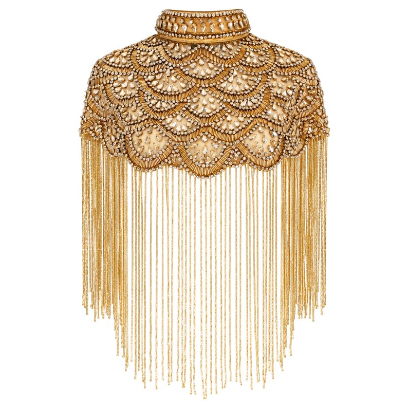 Gold Beaded Fringe Cape, Handmade Bridal Statement Shoulder Jewelry, Art Deco Evening Wrap image 3