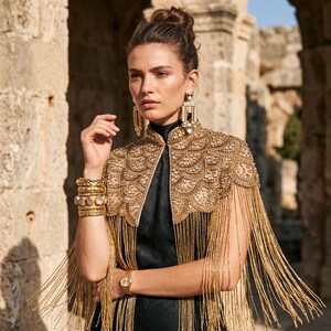 Gold Beaded Fringe Cape, Handmade Bridal Statement Shoulder Jewelry, Art Deco Evening Wrap image 8