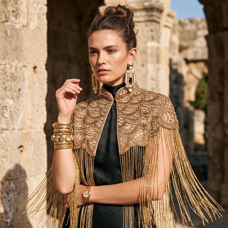Gold Beaded Fringe Cape, Handmade Bridal Statement Shoulder Jewelry, Art Deco Evening Wrap image 8