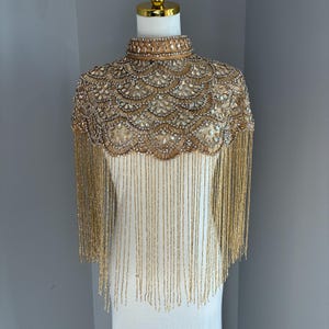 Gold Beaded Fringe Cape, Handmade Bridal Statement Shoulder Jewelry, Art Deco Evening Wrap image 6