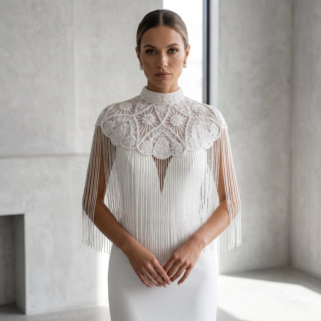 White Beaded Fringe Capelet, Vintage Style Bridal Shoulder Cover up ...