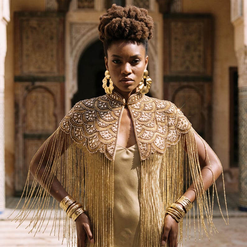 Gold Beaded Fringe Cape, Handmade Bridal Statement Shoulder Jewelry, Art Deco Evening Wrap image 1