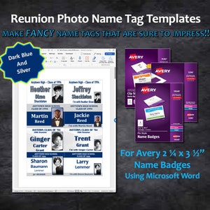 Class Reunion Avery 2.25x3.5&quot; Name Tag Templates - (Blue+Silver)  | DIY Class Reunion Badges | Microsoft Word DIGITAL DOWNLOAD