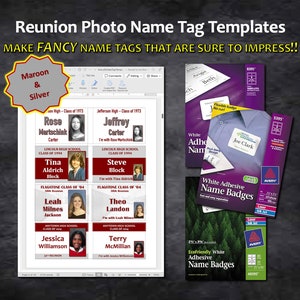Class Reunion Avery Sticker Name Tag Templates - (Maroon & Silver) 2.33 x 3.375” | diy Class Reunion Badges | MS Word DIGITAL DOWNLOAD