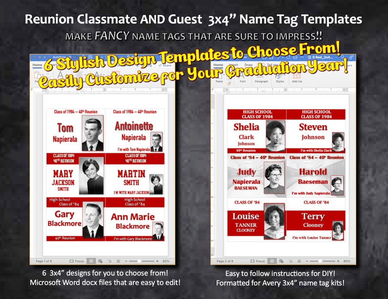Reunion Name Tag Templates DIGITAL DOWNLOAD red and White 3x4 Etsy