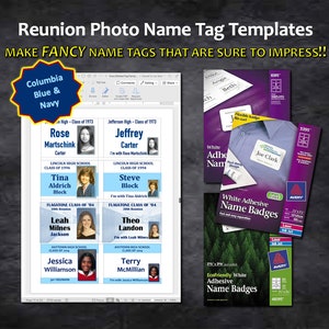 Class Reunion Avery Sticker Name Tag Templates - (Columbia Blue & Navy) 2.33 x 3.375” | diy Class Reunion Badges | MS Word DIGITAL DOWNLOAD